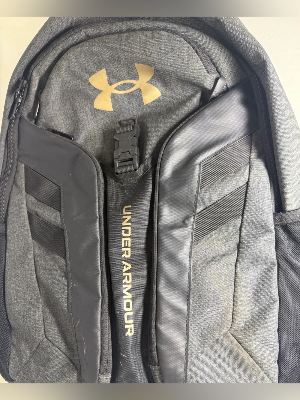 Under Armour Hustle Pro XStorm Gray and Black Backpack with Gold Logo